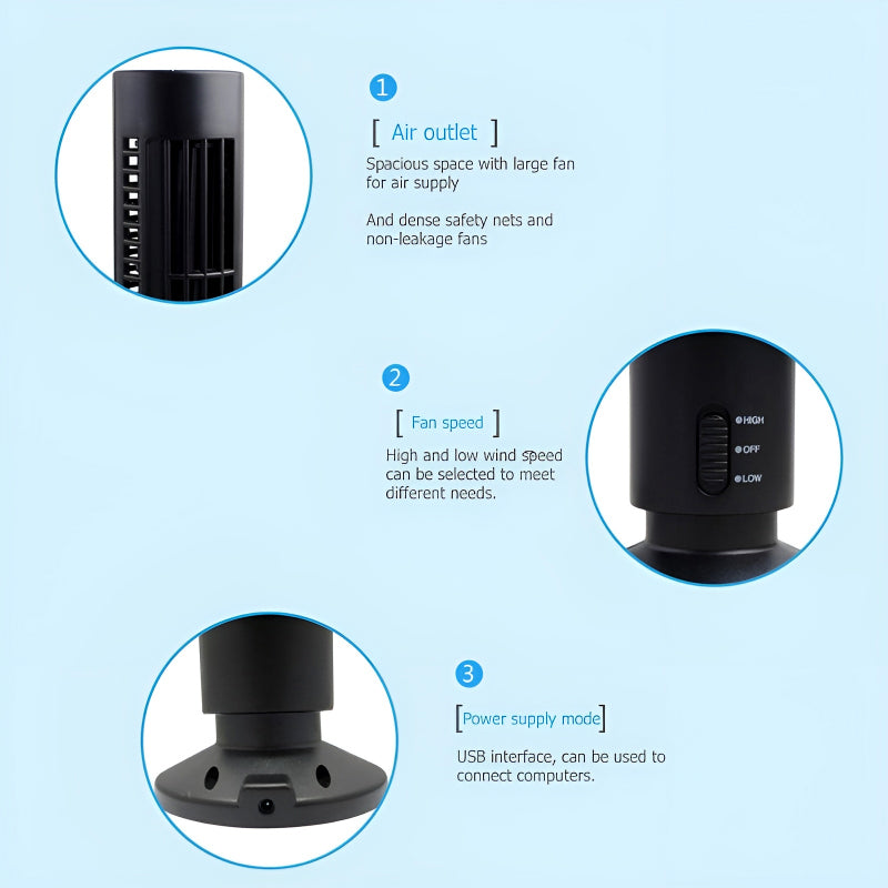 CoolWave USB Vertical Bladeless Tower Fan – Mini Air Conditioner, Quiet Cooling Fan for Home, Office, and Desktop
