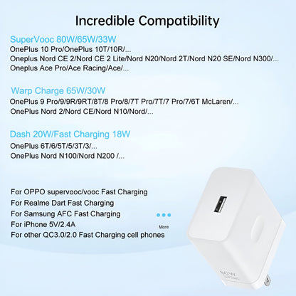 OnePlus 80W Power Adapter Suit with Warp Charge and SuperVOOC-Supported Type-C Cable